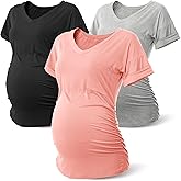 Rnxrbb Long Enough Maternity Shirts Short Sleeve Summer Pregnancy Tops& Tees Clothes V Neck Casual Outfits for Women 3 Pack