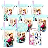 Frozen 10 Oz Reusable Cups Set - Bundle with 8 Refillable Cups with Lids and Straws for School Supplies, Sports, Party Supplies, More | Disney Frozen Tumblers for Toddlers Birthday