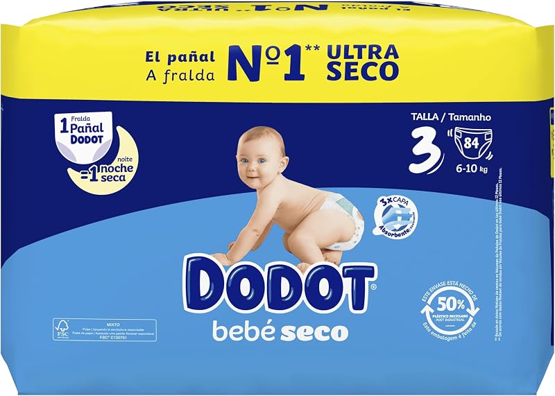 Pañales Bebé-Seco, Talla 3 (6-10 kg), 84 Pañales, Una Noche Hasta Un 100% Libre De Fugas