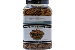 Sesame Sticks Snacks Honey Roasted 1 lb. - By Medley Hills Farm in Reusable Container - Fresh honey roasted sesame sticks - Sweet and Salty Flavored snacks