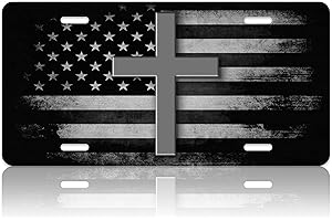 LOISTAVA Jesus Cross License Plate Christian Black White American Flag Cross Car Front License Plate Personalise Stainless Steel Metal Car Plates Novelty Vanity Tag Funny Decorative 12.2"x6.2" Men Women