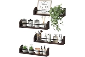 WOPITUES Floating Shelves with Protective Metal Rail, Small Bathroom Shelves Set of 4, Spice Rack Wall Mount, Wood Shelves for Kitchen, Living Room, Bedroom, Nursery Book- Dark Brown