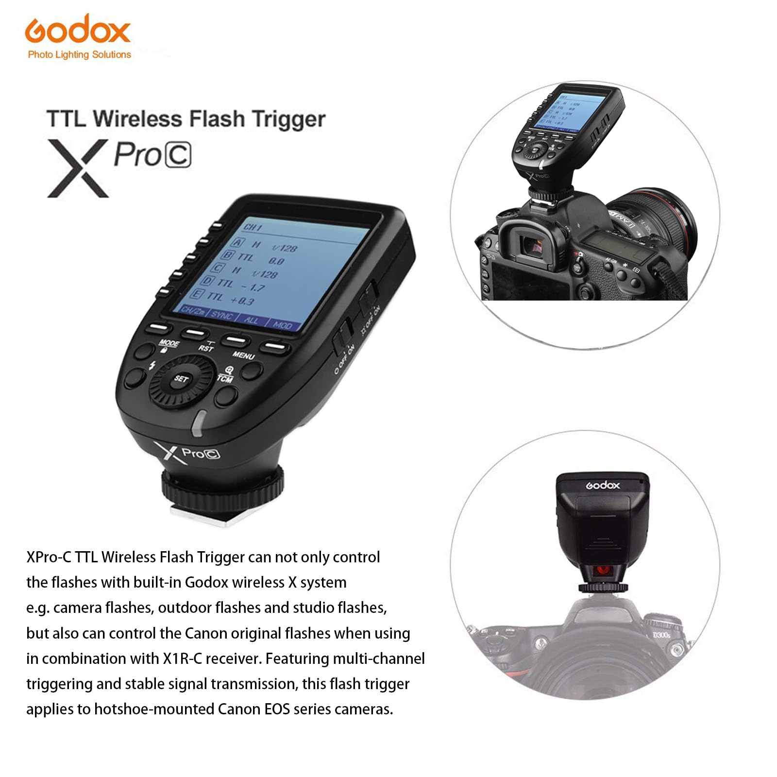 GODOX XPro-C TTL Wireless Flash Trigger for Canon Camera, 2.4G X Wireless System, HSS 1/8000s Large Screen Slanted Design, 5 Dedicated Group Buttons, 11 Customizable Functions