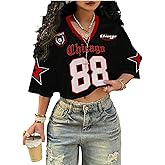 WDIRARA Women's Jersey Shirts Number Graphic Short Sleeve V Neck Tee Loose Crop Top