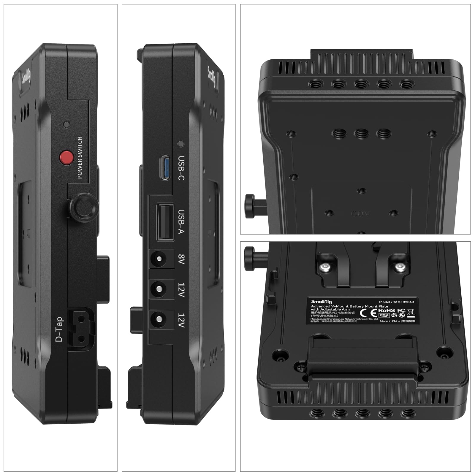 SMALLRIG V Mount Battery Adapter Plate with PD 65W USB-C Quick Charger, QC Protocol USB-A, D-TAP, 8V & 12V DC Port, 15 mm Rod Clamp and Adjustable Arm, for Sony for Canon Cameras & Camcorders