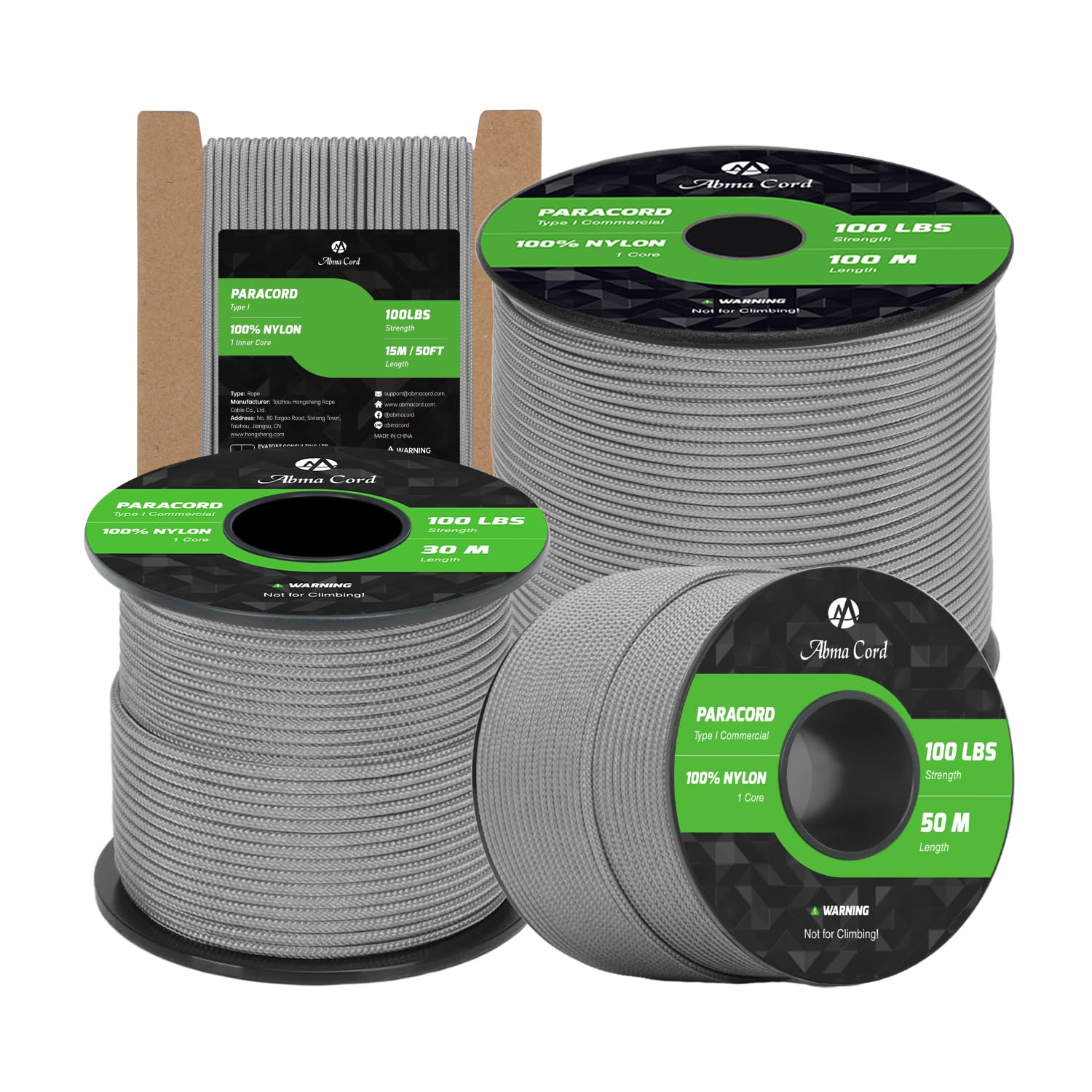 Abma Cord Paracord 2mm 100m 100% Nylon Rope 1 Strand Type I Parachute Cord - Max. 45kg (100lbs) - Grey