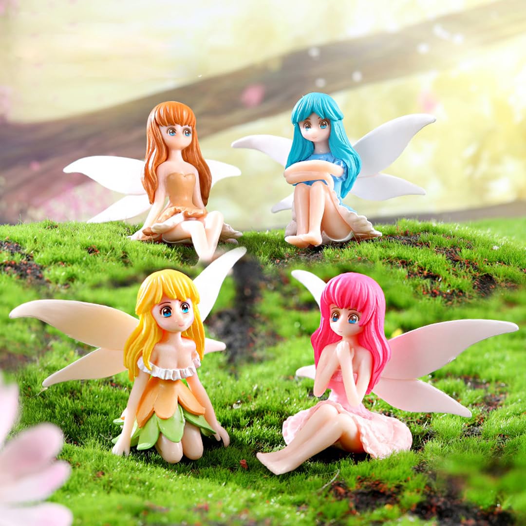 Purple Star 4PCS Fairies for Fairy Gardens Accessories Ornaments Small Fairies Figures Miniature Figurines Plastic Fairy Cake Topper Decorations Mini Statues Gifts White