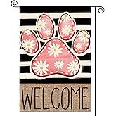 AVOIN colorlife Pink Paw Print Spring Garden Flag 12x18 Inch Double Sided Outside, Daisy Floral Welcome Stripes Yard Outdoor Flag