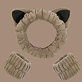 Huachi 3 Packs Cute Cat Spa Headband and Wristband Set, Fluffy Headbands for Washing Face Skincare Makeup, Animal Headbands for Women Girls Trendy Gifts Coral Fleece Face Wash Hair Accessories, Khaki