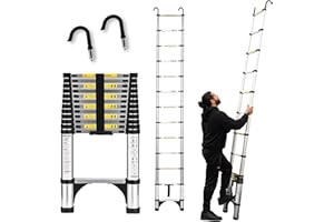KZEBRA Telescoping Ladder, 12.5 FT Aluminum Lightweight Extension Ladder with 2 Stable Hooks, 2 Triangle Stabilizers & Non-Slip Feet, Heavy Duty 330 Lbs Max Capacity, Ideal for Home, RV & Outdoor Work