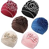Zhamate 6Pcs Chemo Turban Headwear for Women Flower Design Soft Beanie Hats Cotton Headwear Elastic Covers Cap for Hair Loss