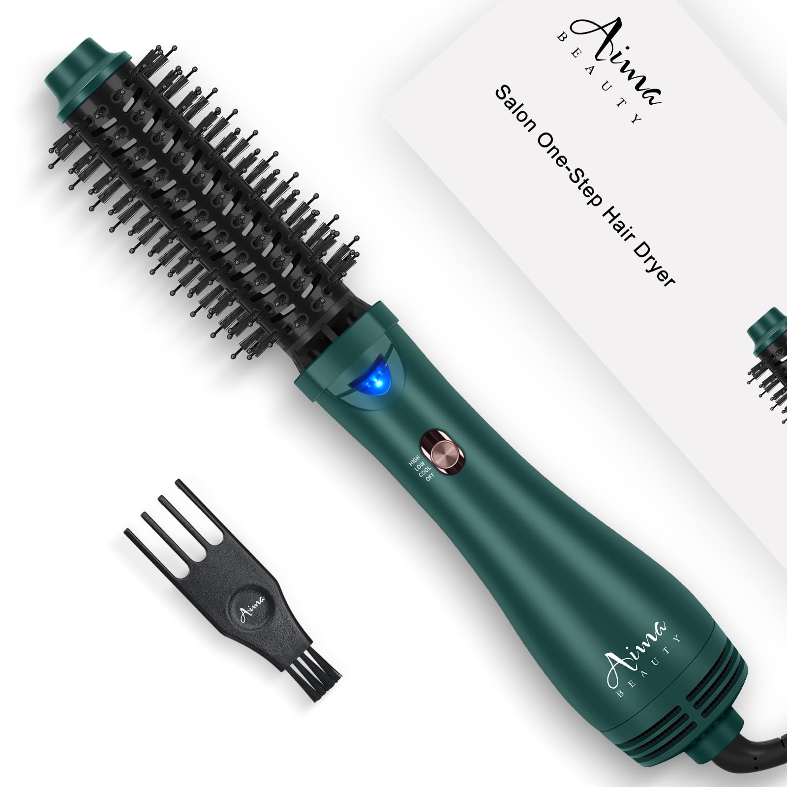 Photo 1 of Aima Beauty Hair Dryer Brush, One Step Hair Dryer & Volumizing Hot Air Brush, 3 Heat/Speed Settings, Advanced Ionic Technology, Ceramic Coating, Nylon Pins & Tufted Bristles, Dark Green, 1000W, 125V
