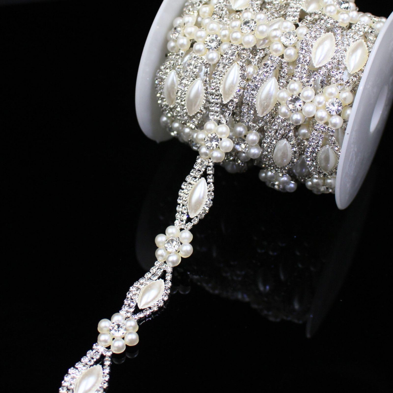 Photo 1 of 1 Yard Pearl Rhinestone Trim Chain Silver String Crystal Applique Fringe Ribbon Strips Beads Sewing Dress DIY Party Wedding Bouquet for Decoration Bridal Costume Embellishment