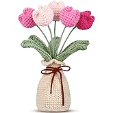 Marsui Crochet Knitting Tulip Bouquet with Vase 7" Knitted Artificial Forever Tulip Handmade Woven Flower with Exquisite Pot Gift for Valentine's Day Back to School Gift Family Home Desk Decor(Pink)