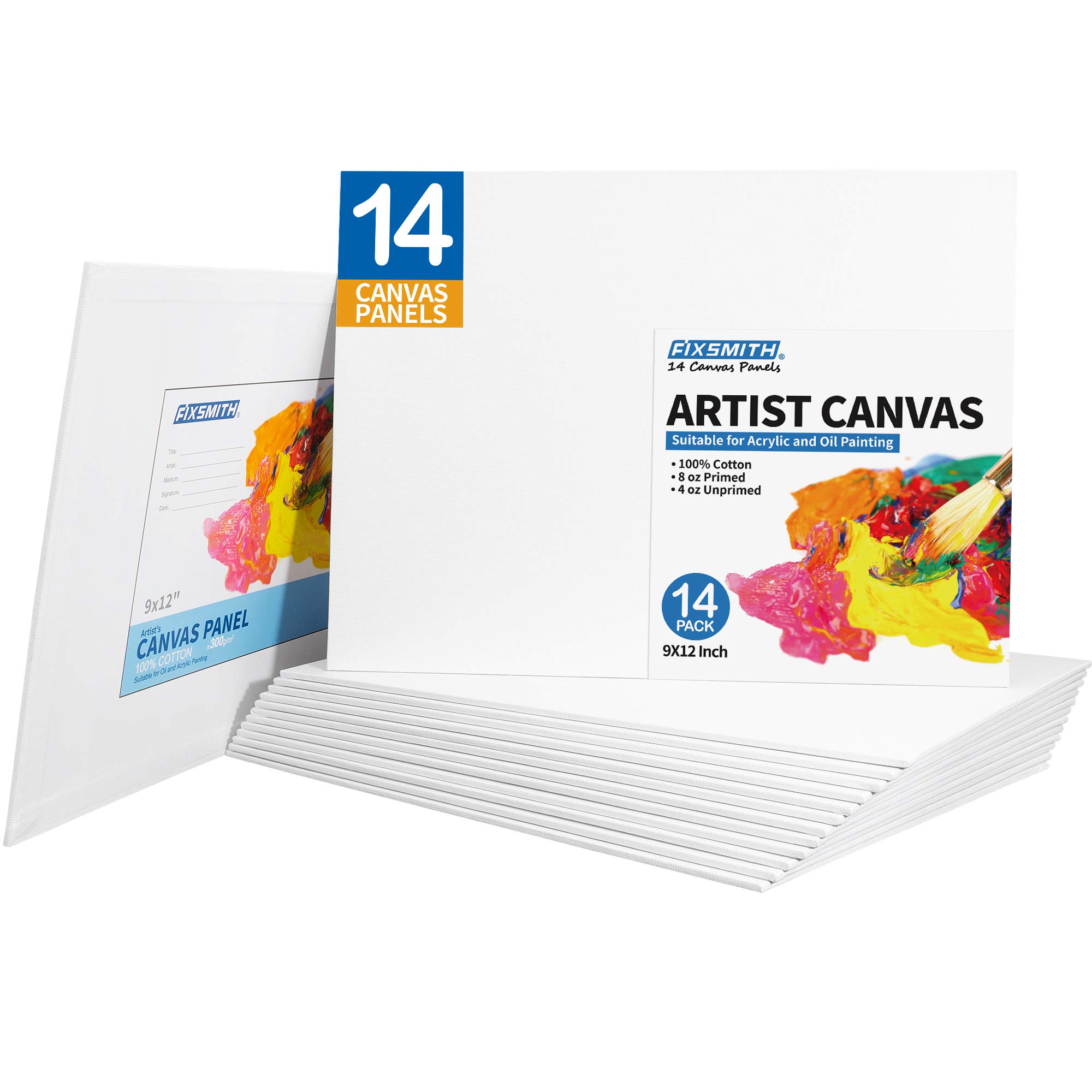 FIXSMITH Canvas Boards for Painting 9x12 Inch, Super Value 14 Pack Paint Canvases, White Blank Canvas Panels, 100% Cotton Primed Canvas Boards for Painting Art Supplies