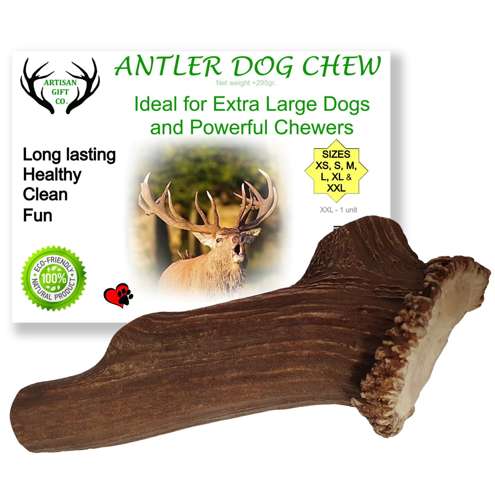 ARTISAN GIFT CO Naturally Shed 100% Natural Premium Deer Antler Chew for Dogs - minimum weight 295g (XXL - 1 Unit)