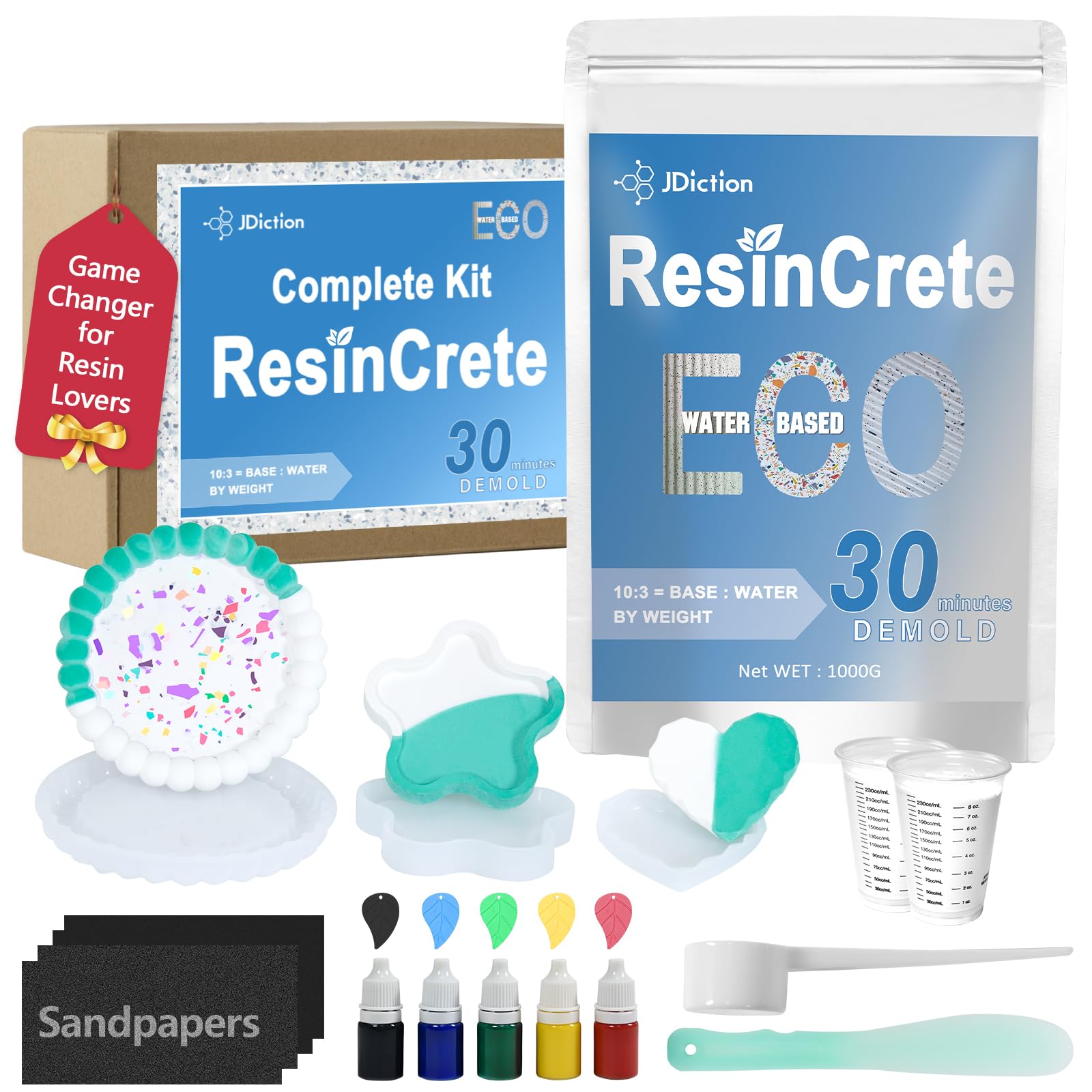 JDiction ResinCrete Kit, Complete Kit Easy for Beginners, Fast Curing, One Hour Demold, Includes Water-Based Eco-Friendly Powder, Molds, Paints & Brushes (1000g Classic Kit)
