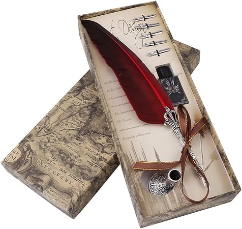 HUAWELL Set di penne a immersione con piuma antica, stile retrò, penna per calligrafia, penna a immersione con piuma, ottimo regalo per le vacanze (grigio