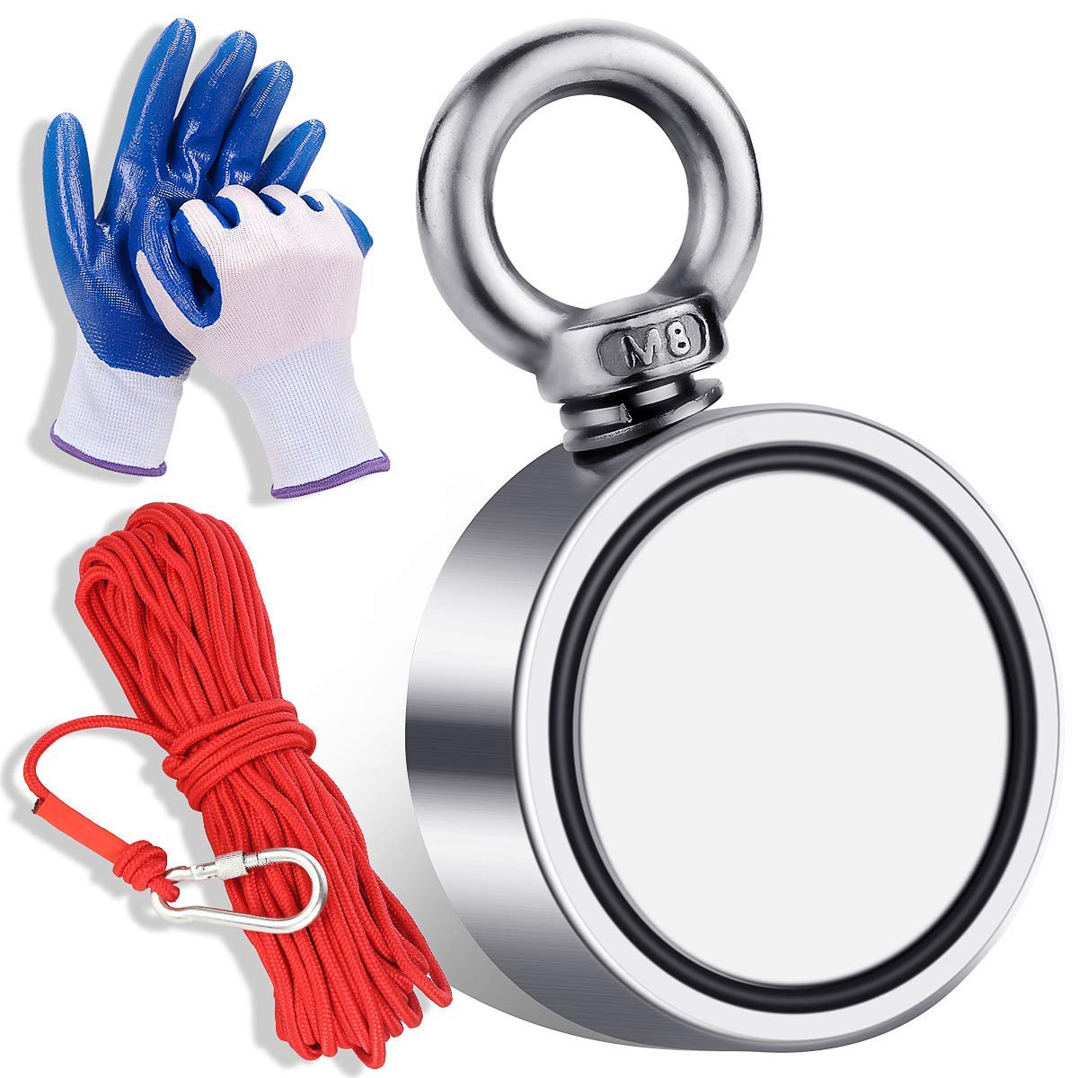 Double Sided Neodymium Fishing Magnet,Combined 660 lbs(300KG) Pulling Force Rare Earth Magnets with 20m (65 Foot) Durable Rope and Protective Gloves