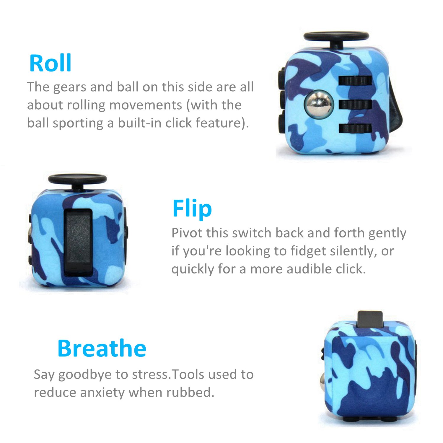 Amteker Fidget Cube Spielzeug Angst Aufmerksamkeit Stress Relief, und brechen nervöse Gewohnheiten und Angst Spielzeug Geschenke für Kinder und Erwachsene (Camo Blau)