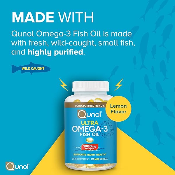 QUNOL FISH OIL OMEGA 3 MINI SOFTGELS, 1000MG OMEGA 3 EPA + DHA, ULTRA PURE SUPPLEMENTS, HEART HEALTH SUPPORT, LEMON FLAVOR, EASY TO SWALLOW MINIS, 3 MONTH SUPPLY, 180 COUNT