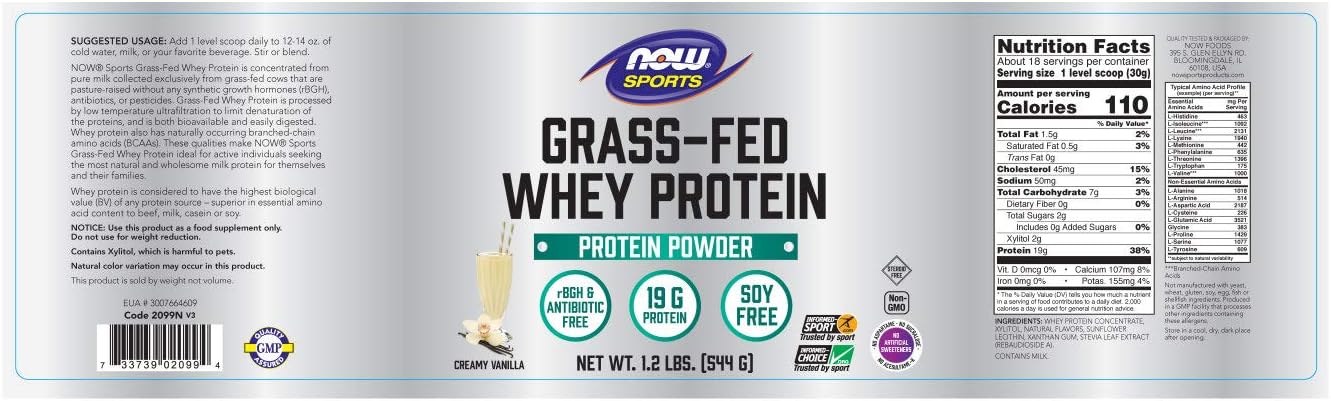 NOW Sports Nutrition, Grass-Fed Whey Protein Concentrate, Creamy Vanilla Powder, 1.2-Pound: Health & Personal Care
