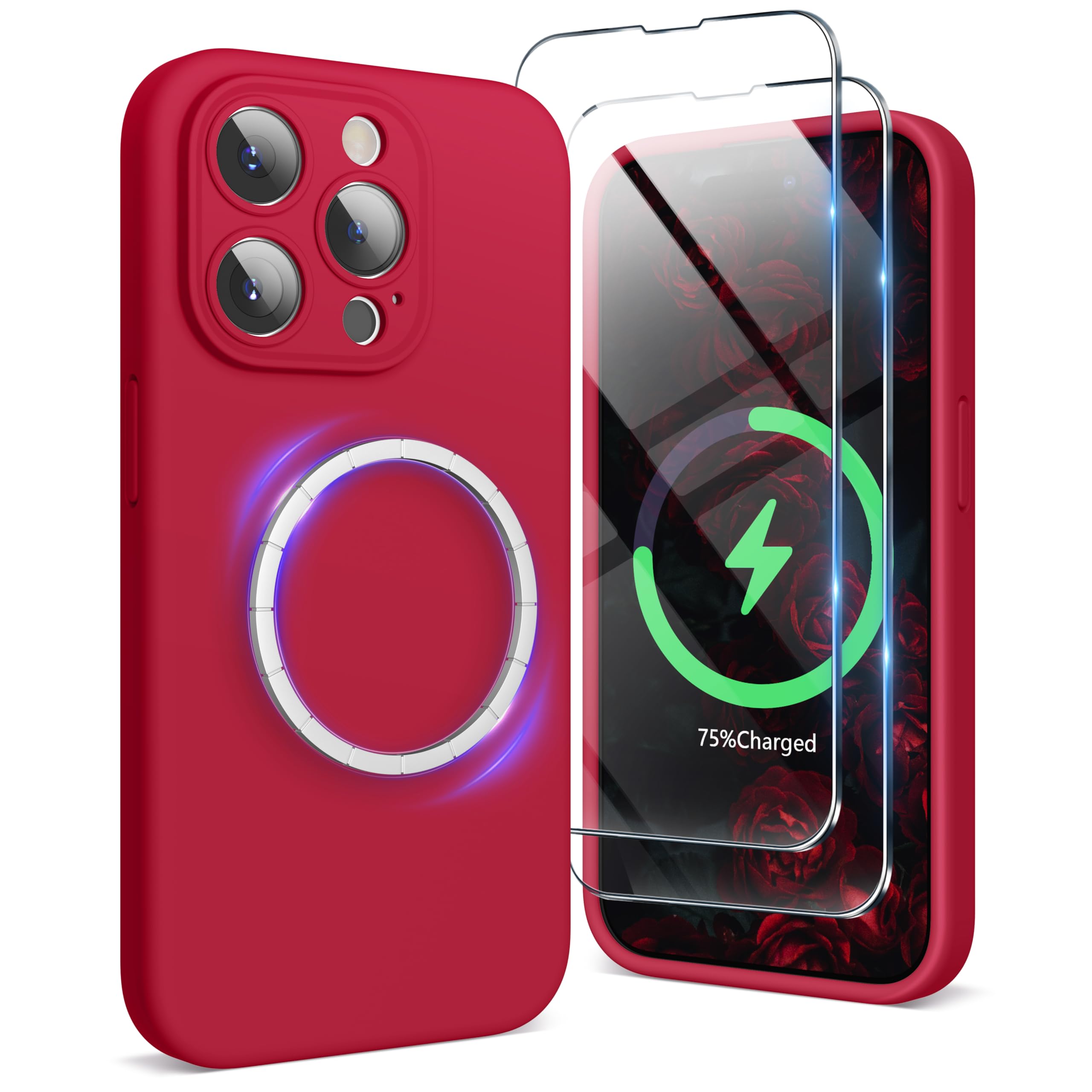 SURPHY Magnetic Case for iPhone 15 Pro Max Case with Screen Protector, Liquid Silicone Anti-Scratch Compatible with MagSafe Gel Rubber Phone Case for iPhone 15 Pro Max 6.7 inch, Red