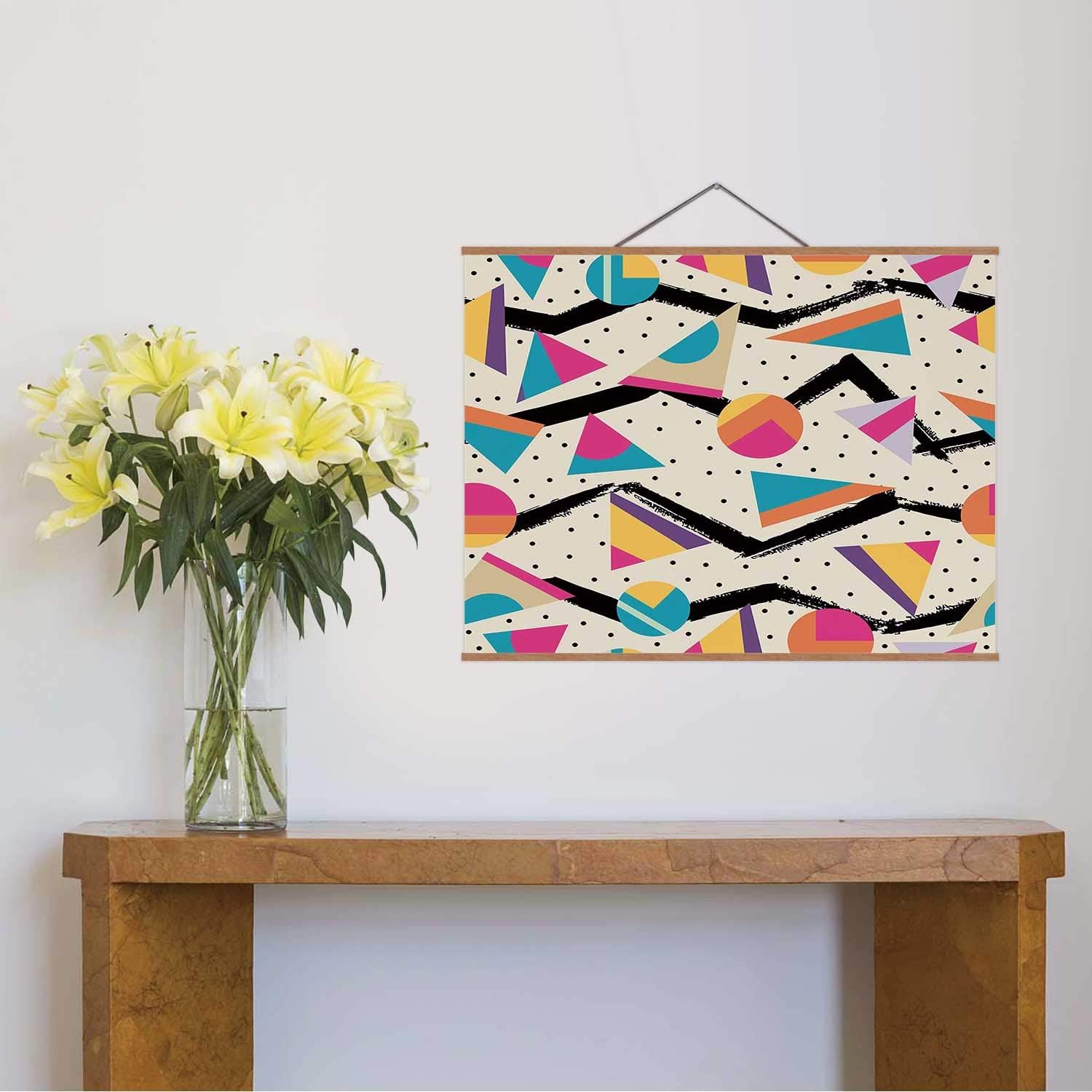 Hitecera Indie Hanging bar Poster,Eighties Memphis Fashion Style Geometric Abstract Colorful Design with Dots Funky Wall Hanging kit,12x8