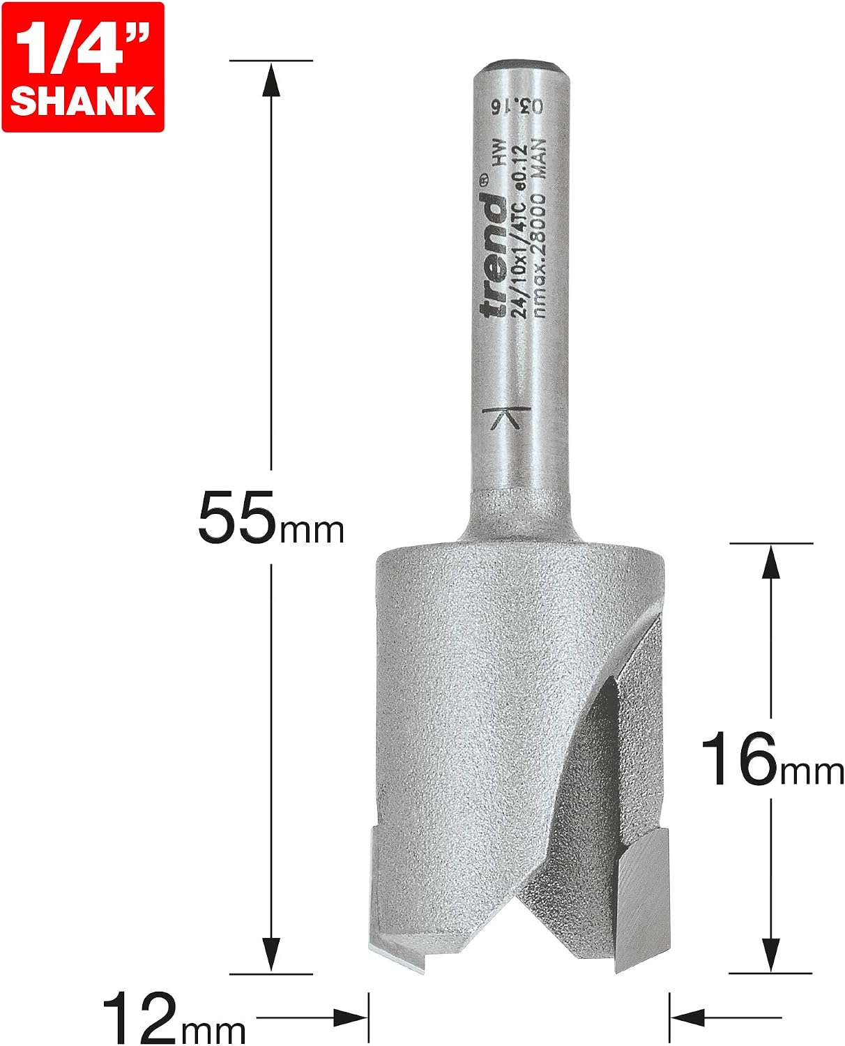 Trend Professional Plug Maker Router Cutter, 1/4 Inch Shank, 12mm Cut Diameter & 16mm Cut Length, Tungsten Carbide Tipped, 24/10X1/4TC