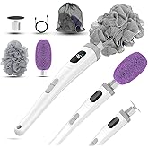 Electric Body Brush Back Scrubber for Shower, Waterproof Long Handle Power Body Scrubber with 3 Heads & 2 Speeds, Rechargeable Bath Brush for Cleansing, Exfoliating, Massaging and Foot Callus Remover