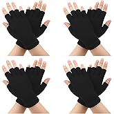 4 Pairs Half Finger Gloves, Winter Gloves Knit Touchscreen Fingerless Glove Cotton Warm Stretchy Glove for Women Men, Lightweight Half Finger Mittens for Working, Typing, Training, Driving, (Black )