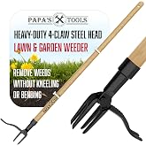 Papa's Tools One-Piece Weed Puller Tool - Stand Up Weeder, Heavy Duty Long Wooden Handle, Real Bamboo, 4-Claw Steel Head