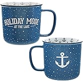 Pavilion Gift Company - Holiday Mode At The Lake - Ceramic 18-ounce Campfire Mug, Blue with Speckled Finish, Durable Thick Walled Camping Style Coffee Cup, Lake Coffee Mug, 1 Count, 4.75 x 5.5-In