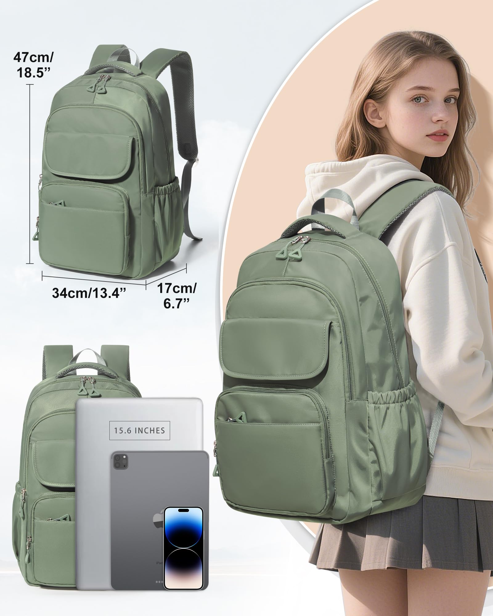 School Backpack for Women Men, Waterproof Backpacks for Girls 15.6 Laptop Multifunction Casual Daypack, Basic College Backpack School Bookbag Mochilas Escolares para Niñas, Green