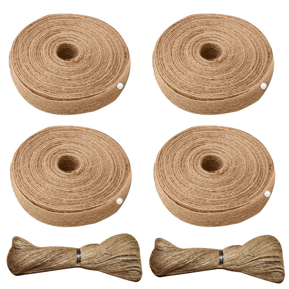 Hessian 4 Rolls 2cm Linen Ribbon Wired Edge Natural Rustic Jute Burlap Roll Wide Raffia with 20m Jute Twine String for Cakes Flowers Chairs Gift Wrapping DIY Crafts Wedding Party
