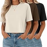 Ficerd 3 Pack Women Crop Tops Half Sleeve Cropped T Shirts Casual Crew Neck Drop Shoulder Loose Summer Solid Color