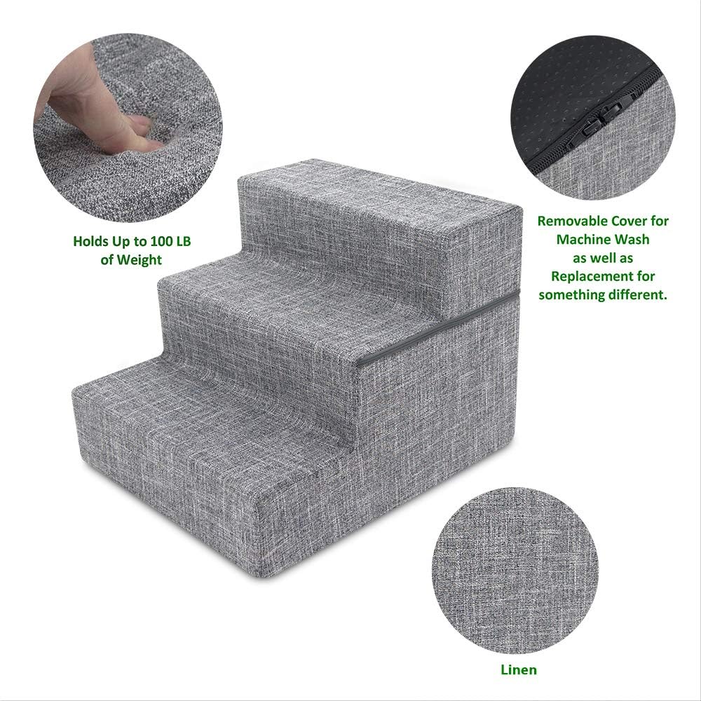Made in USA Foldable Pet Steps/Stairs with CertiPUR-US Certified Foam by Best Pet Supplies - Gray Linen, 3-Steps (H: 16.5") : Pet Supplies