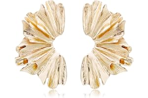 INENIMARTJ Gold Statement Earrings for Women Large Geometric Dangle Earrings Bohemian Ginkgo Leaf Heart Flower Dangling Drop Earrings Exaggerated Metal Sectored Geometric Earrings for Women