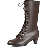 Cozivwaiy Women Vintage Victorian Boots 70s Lace up Ankle Boots Mid Heel Witch Granny Booties Costume Shoes Cone Heel Zipper Almond Toe
