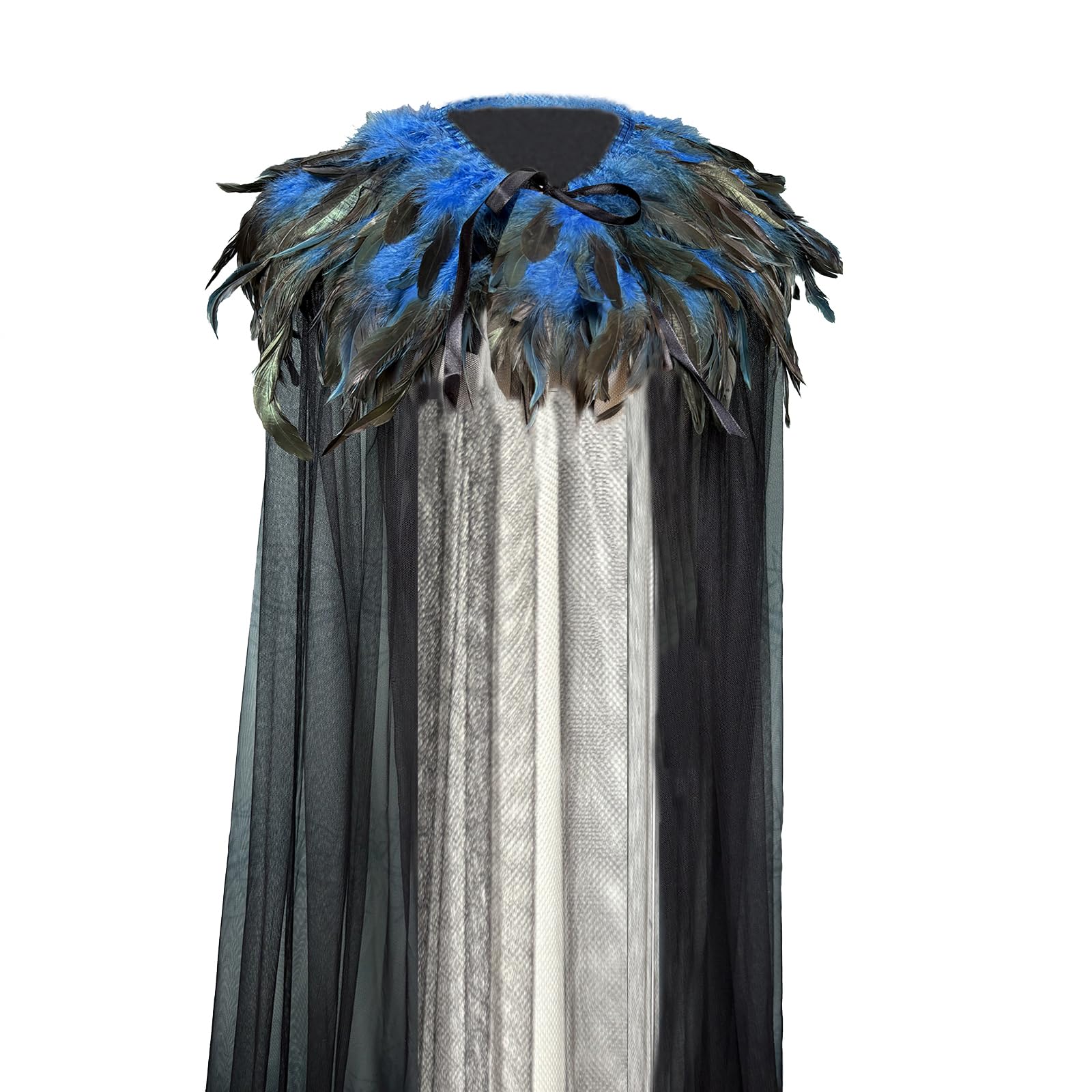 Yoodeet Gothic Feathered Cape, Black Sheer Mesh with Feather Collar, Full Length Costume Cloak (Blue) — image 1