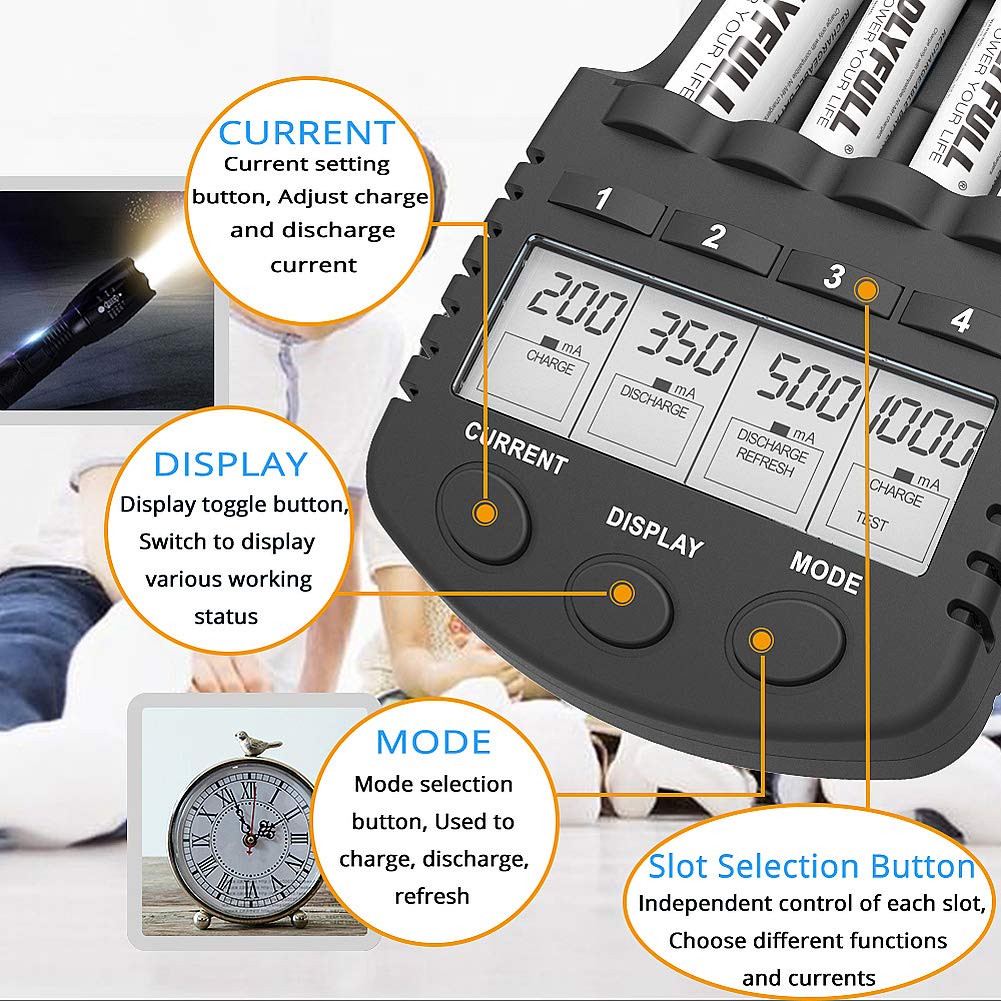 AA Battery Charger, Dlyfull LCD Display Smart Charger(Test, Refresh, Discharging) for 1.2V Ni-MH Ni-CD 4 AA & AAA Rechargeable Batteries with 1000mA charge current + USB Port