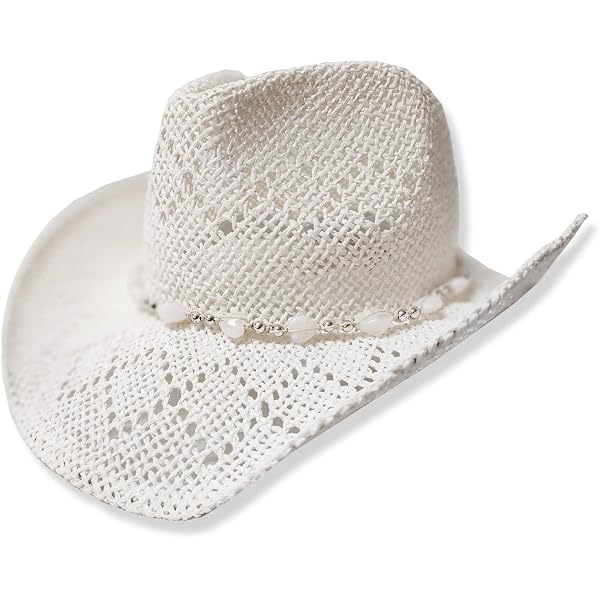 White Boho Hip Cowgirl Hat, Lace-Look Straw w/Raffia Band  display picture 1