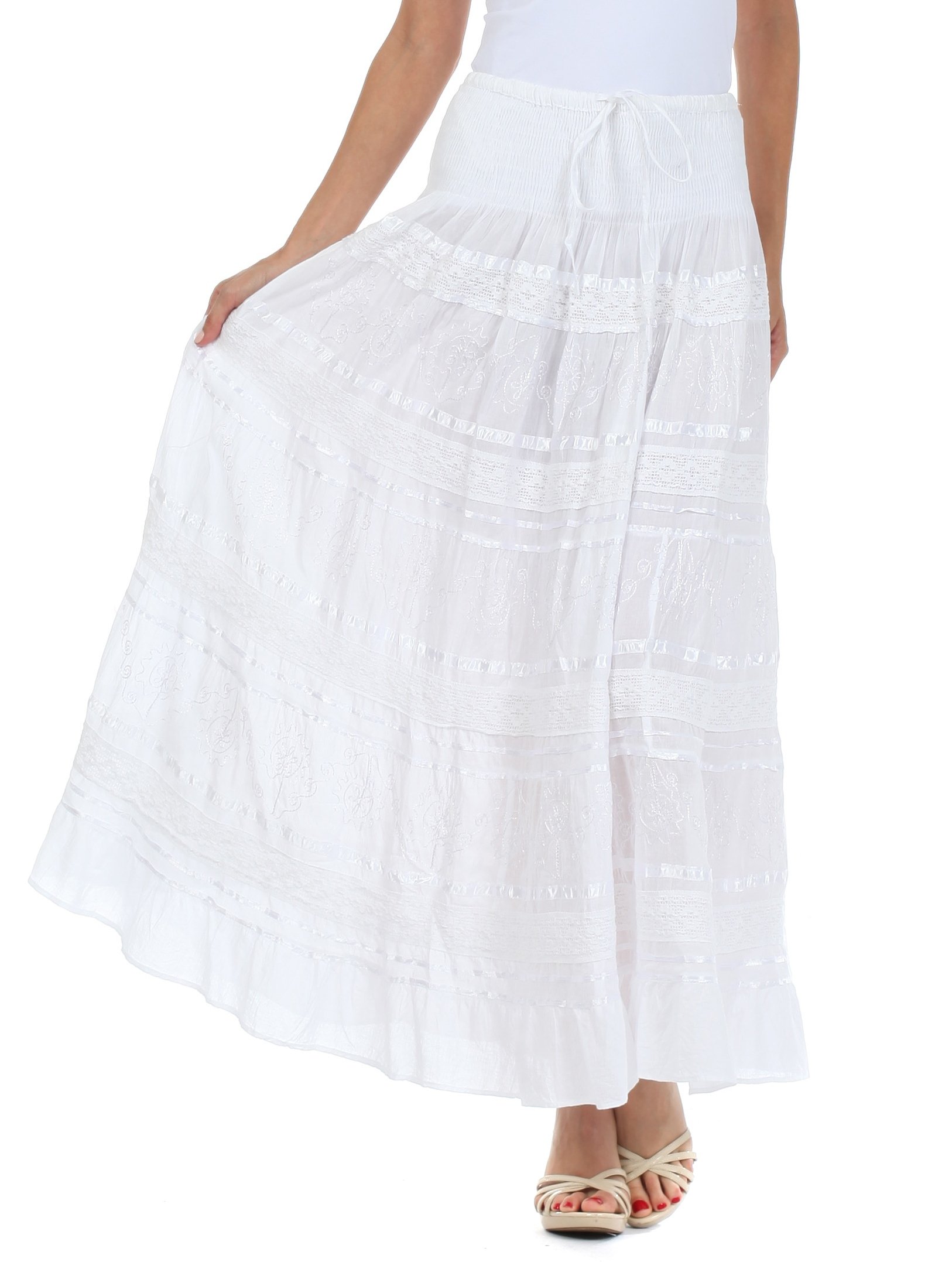 Photo 1 of Sakkas 0604 Lace and Ribbon Peasant Boho Skirt - White - One Size