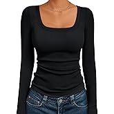 AUTOMET Women‘s Ribbed Square Neck Top, Long Sleeve Slim Fit Basic Shirt for Fall Winter Spring, Casual Crop Tee