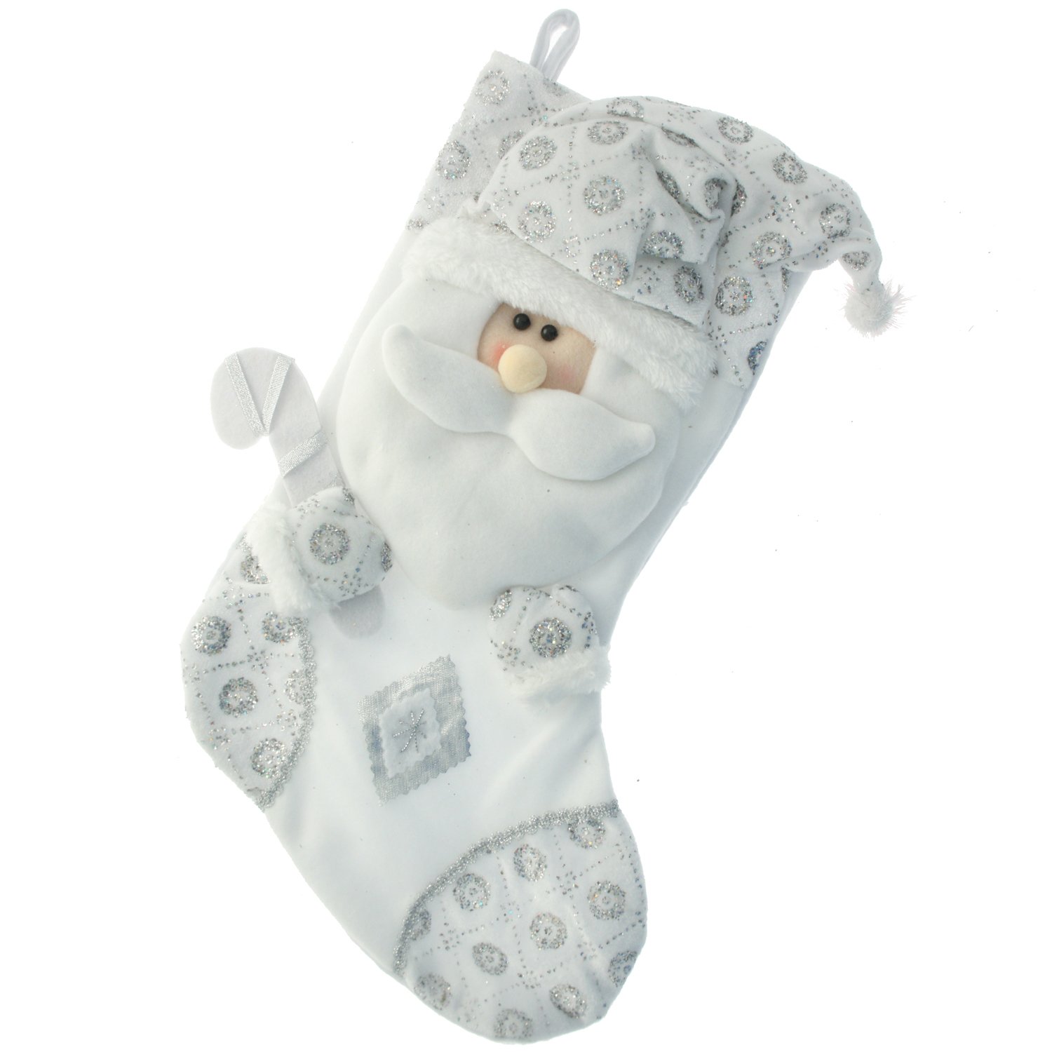 WeRChristmas Christmas Stocking with 3D Santa Claus Head Decoration, 48 cm - Silver/White