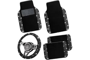 NBTEPEM Bling Car Floor Mats Full Set and Steering Wheel Cover, Universal Fit Most Cars, 4 pcs Sparkle Glitter Diamond Carpet, 5 pcs Bling Car Accessories Set for Women (Black Diamond)