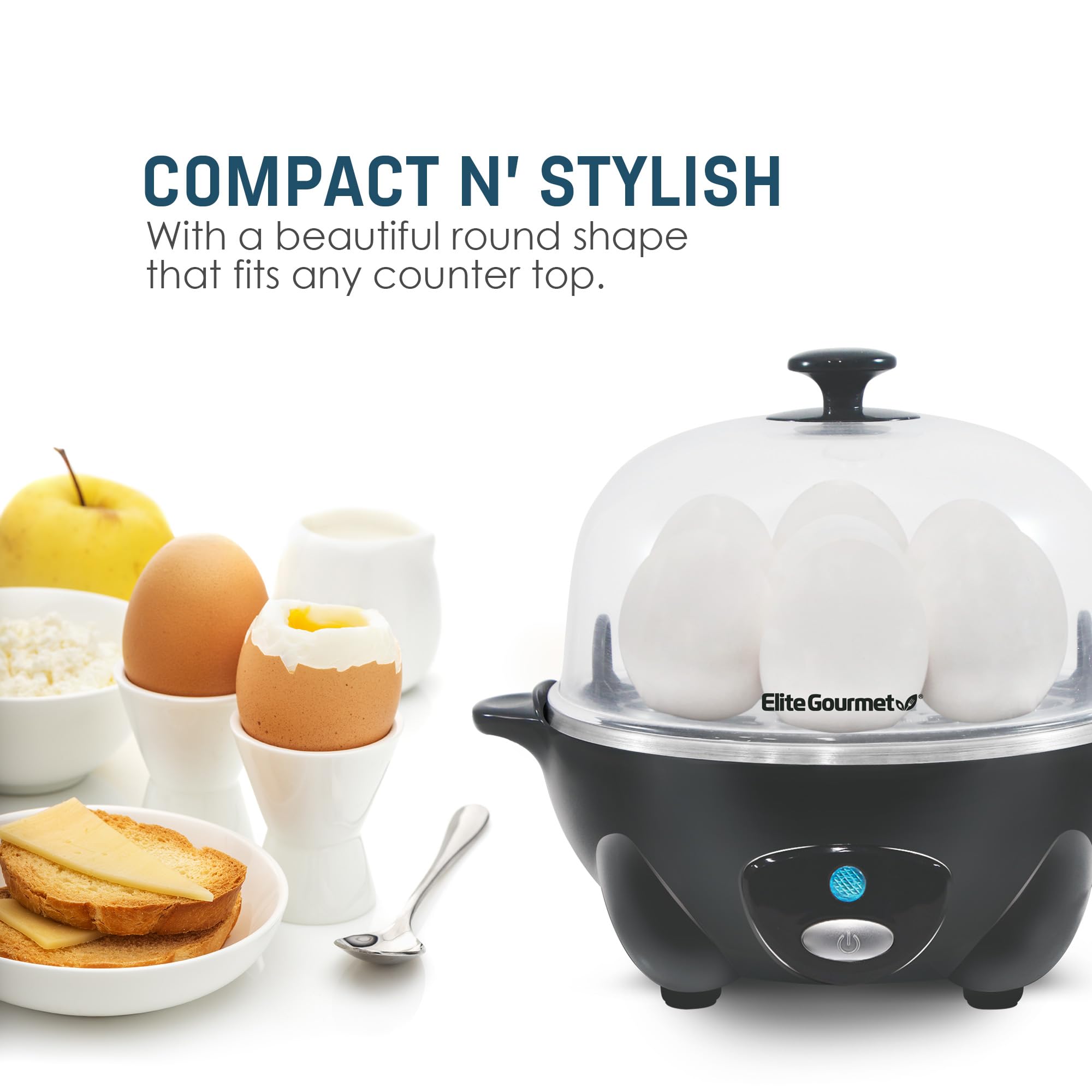 Elite Gourmet EGC700DKG# Rapid Egg Cooker, 7 Easy-To-Peel, Hard, Medium, Soft Boiled Eggs, Poacher, Omelet Maker, Auto Shut-Off, Alarm, 16-Recipe Booklet, BPA-Free, Shadow
