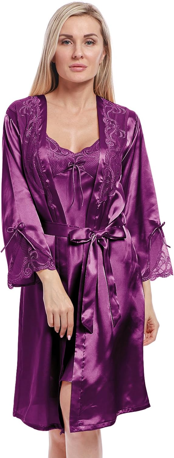 Download BellisMira Women's Long Satin Robe Bridal Kimono Lace ...