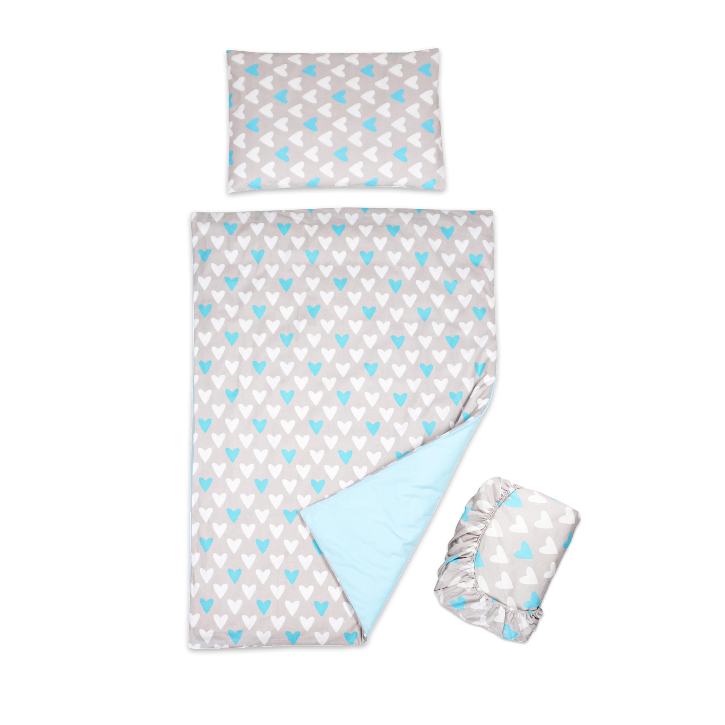 3 Piece Set Duvet Cover Pillowcase and Fitted Sheet for 120x60 cm Baby Cot Bed 12M+ (Blue Hearts)