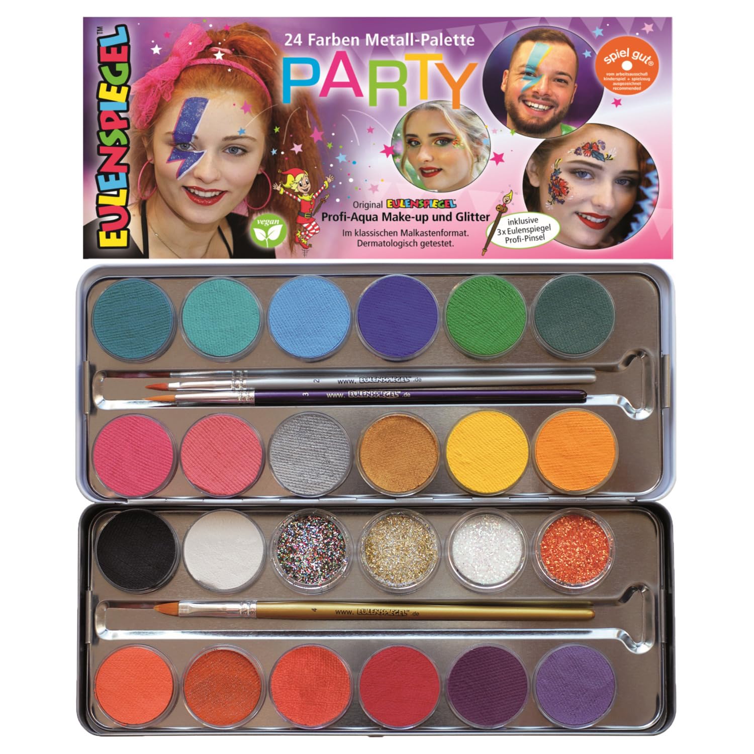 Eulenspiegel 10135871 Party Makeup Palette, 20 Colours and 4 Glitter, Vegan Brushes, 108 g (1er Pack)